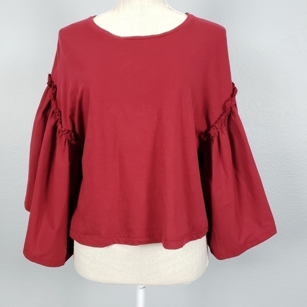 ZARA TRAFALUC Bell Lantern Sleeve Cropped Top Maroon Boho Sz S